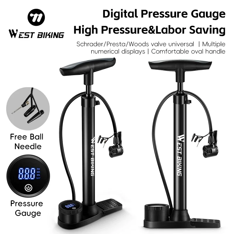 WEST BIKING 150PSI จักรยานปั๊มลมแบบพับได้ดิจิตอล MTB ROAD BIKE Ball ยาง Inflator Schrader Presta วาล์วขี่จักรยานปั๊ม 1