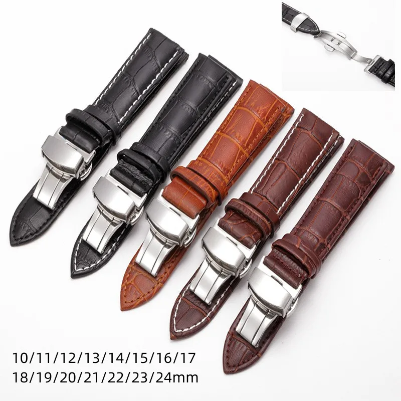 

New Luxury Watchband Genuine Leather Watch Strap Stainless Steel Butterfly Clasp Buckle Wrist 10 12 14 16 18 20 21 22 23 24mm