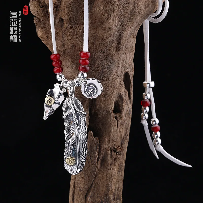 

S925 Silver Japanese Feather Necklace Men's Trendy Retro Eagle Claw Long Sweater Chain Women's Ball Pendant