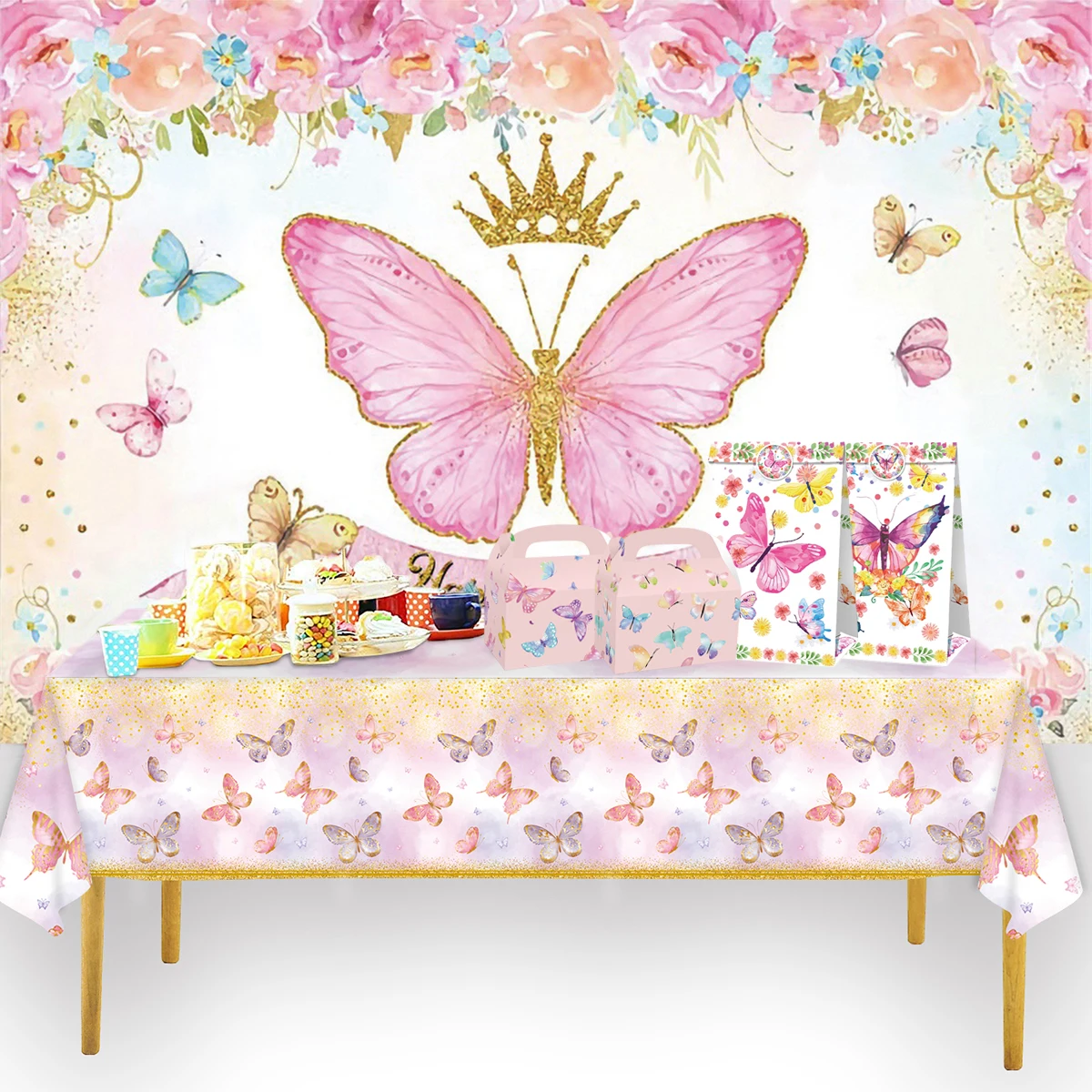 Růžová motýl narozeniny nádobí backdrop št'astný první první narozeniny večírek dekorace děti děvče motýl dekorace děťátko sprcha