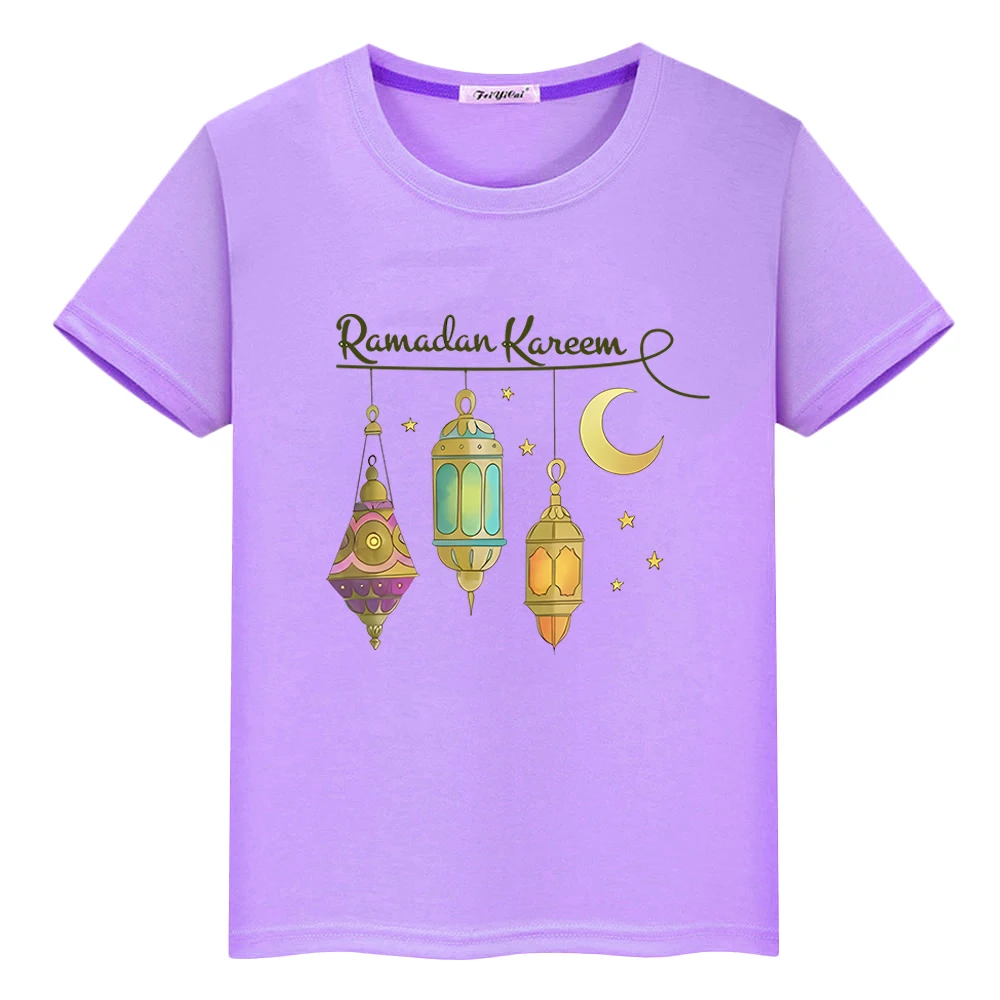 

Ramadan Eid Festive Outfit gift Muslim 100%Cotton T-Shirt Kids With Moon Clothe Boy Anime Tops Ramadan Mubarak Short y2k clothes