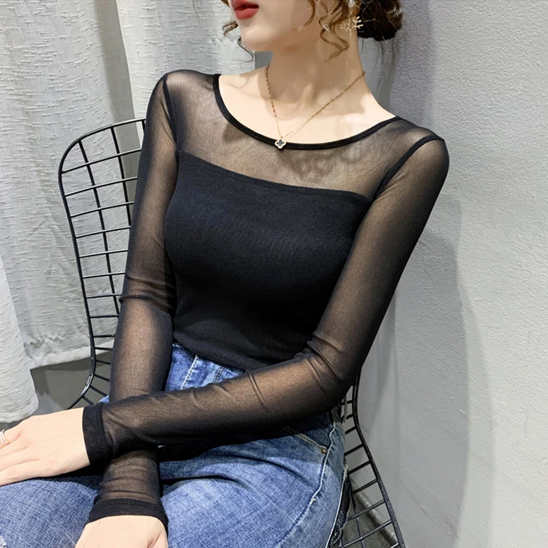 Autumn Winter Round Neck T shirt Women Sexy Mesh Bottoming Shirt Long Sleeve Solid Color Slim Fit Long Sleeve Casual Tops 3