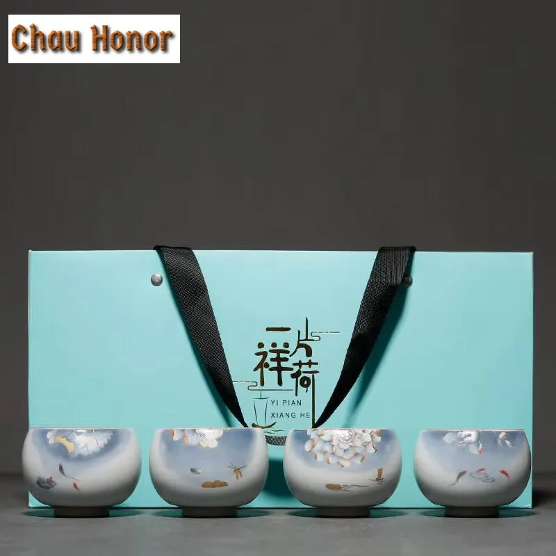 90ml Chinese Ru Kiln Ceramic Teacup Travel Meditation Cup Hand Painted Tea Bowl Kung Fu Teaset  Master Cup Home Tea Set Gift Box