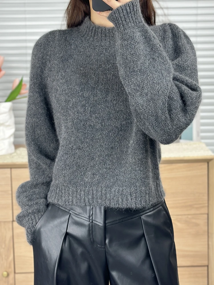 Su-ter-de-cachemira-con-capucha-Simple-para-mujer-mangas-abullonadas