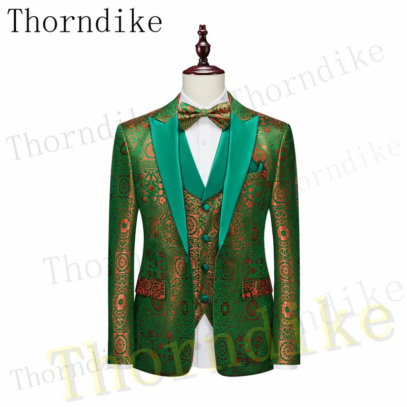 Thorndike Green Jacquard Men's Western Tailored Suit Lapel Tuxedo Gentleman Texture Solid Color Unique Design Casual