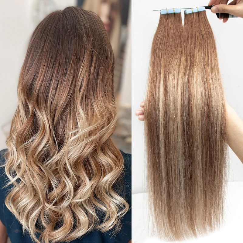Ombre Balayage Tape In Extensions Human Hair P6T6 60 Brown Blonde Color