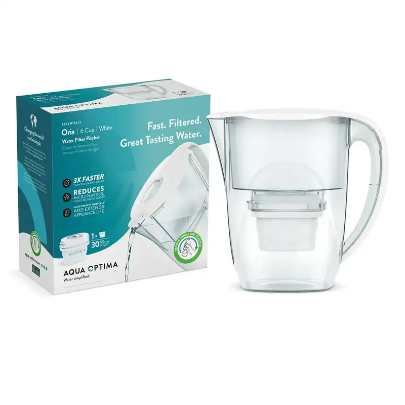 

Filter Pitcher for Tap and Drinking Water with 1 Evolve+ Filter, BPA Free, WQA Certified, Oria Design (White)