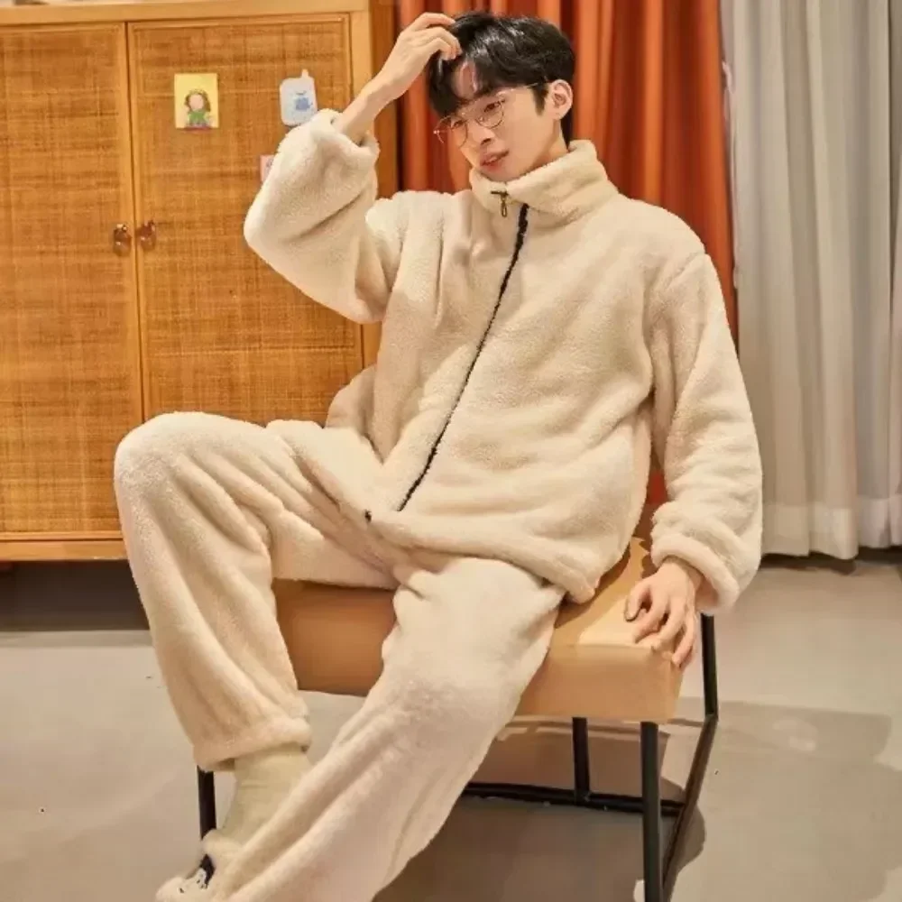 

Pajamas Loungewear Sets Thicken Collar Turn-down Pijamas Zipper Nightwear Winter Suit Warm Flannel Men's Sleepwear 2PCS Home