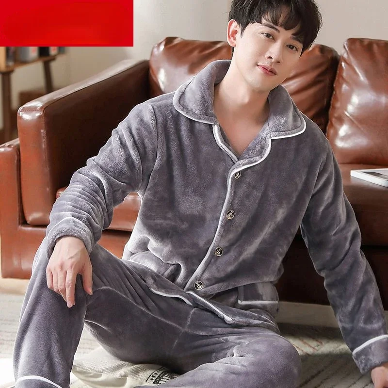 New Men Autumn Winter Sleepwear Warm Thickened Pajamas Set Flannel Soft Casual Nightwear Long Pants Homewear Mens Pajamas