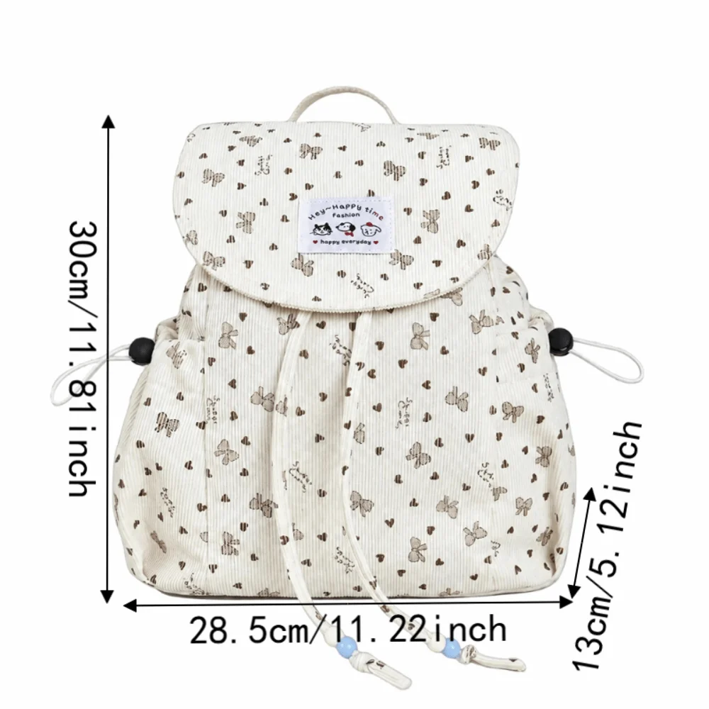 Zaino leggero in velluto a coste con stampa a fiocco, grande capacità, design semplice, con coulisse, borsa da giorno casual e versatile per viaggi brevi - immagine 6