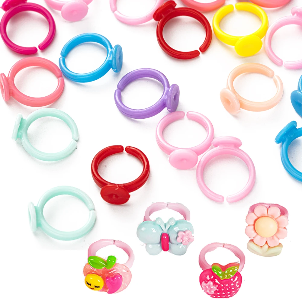 

50/100pcs Plastic Adjustable Colorful Rings Base Blank Bezel For DIY Little Girl Resin Play Jewelry Birthday Holiday Gift Making