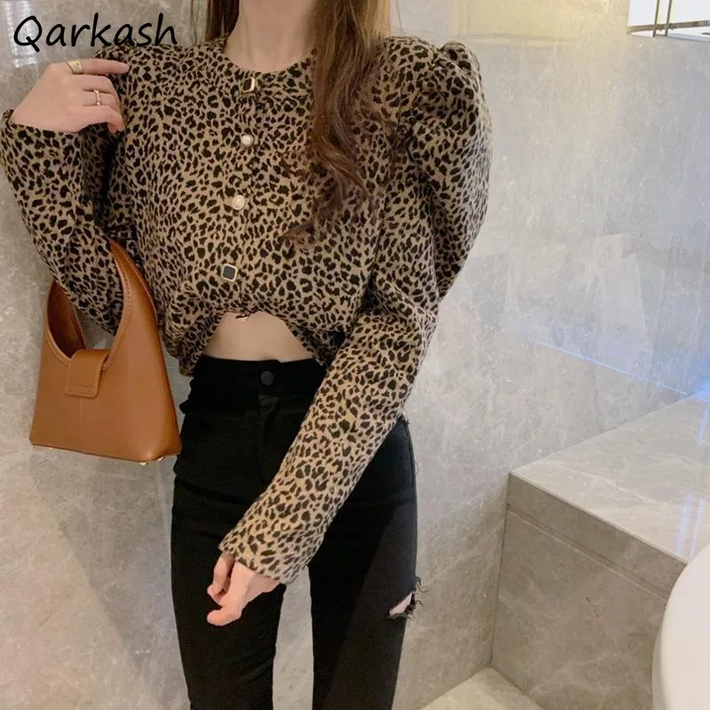 

Leopard Shirts Women Chic Puff Sleeve Vintage Short O-neck Single Breasted Streetwear All-match Popular New Mujer Autumn Winter