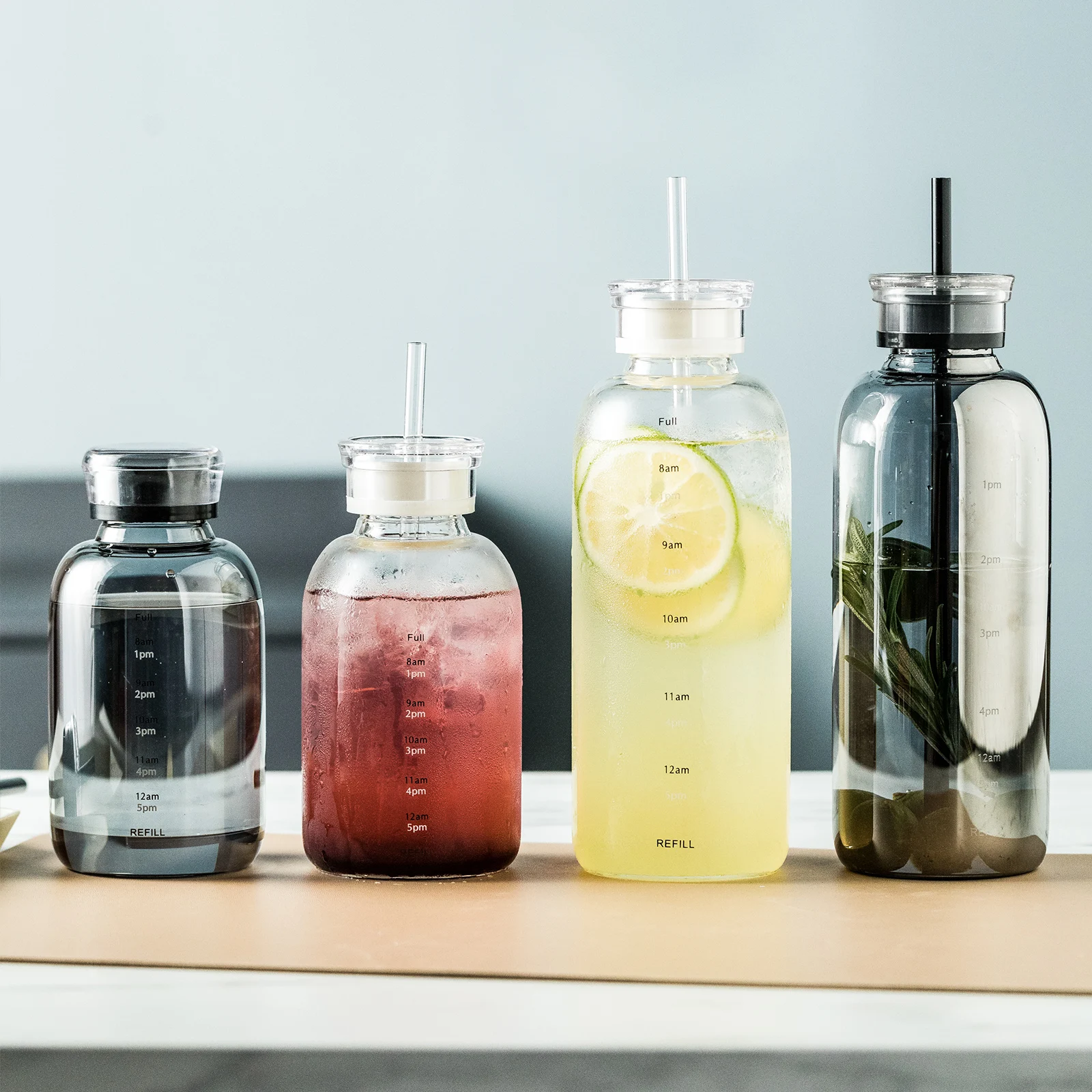 700ml/420ml Capacity Glass Water Bottle With Time Marker Cover For Water Drink