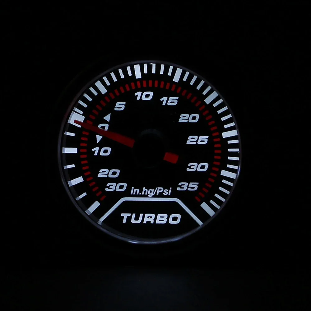 2"52mm 12V Racing Car Auto Turbo Boost Gauge -30In.hg~35PSI Smoke Lens Turbo Kit White LED Display Pressure Meter