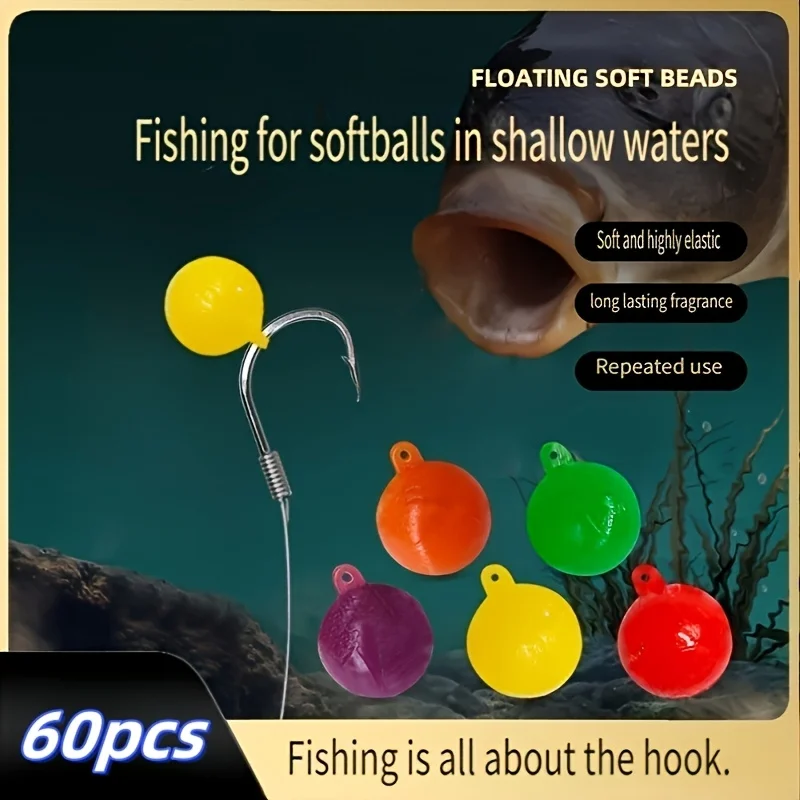 60 Pack Floating Soft Fishing Sinkers - High-Scent Elastic TPE Beads 8-14mm with Ring, Lead-Free Reusable Lures for Freshwater