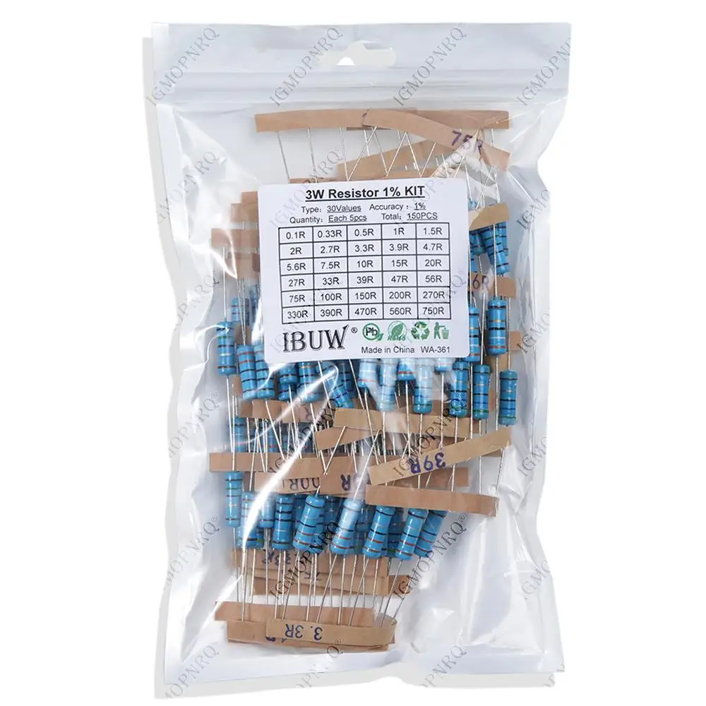 1/4W 1/2W 1W 2W 3W Resistance 1% Metal Film Resistor Assortment Kit Set 30Values Each 5/10PCS 1~750 1K~820K Ohm metal film resistor metal film resistors 150PCS 300PCS