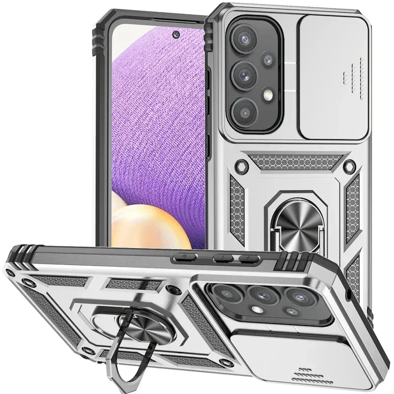 Military Grade Shockproof Phone Case with Slide Camera Lens Cover & Holder Ring Stand