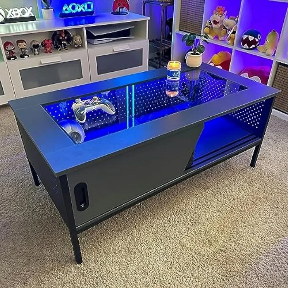 42 Inch LED Coffee Table with Storage Glass Coffee Tables for Living Room with Sliding Doors, Black Living Room Center Table 6