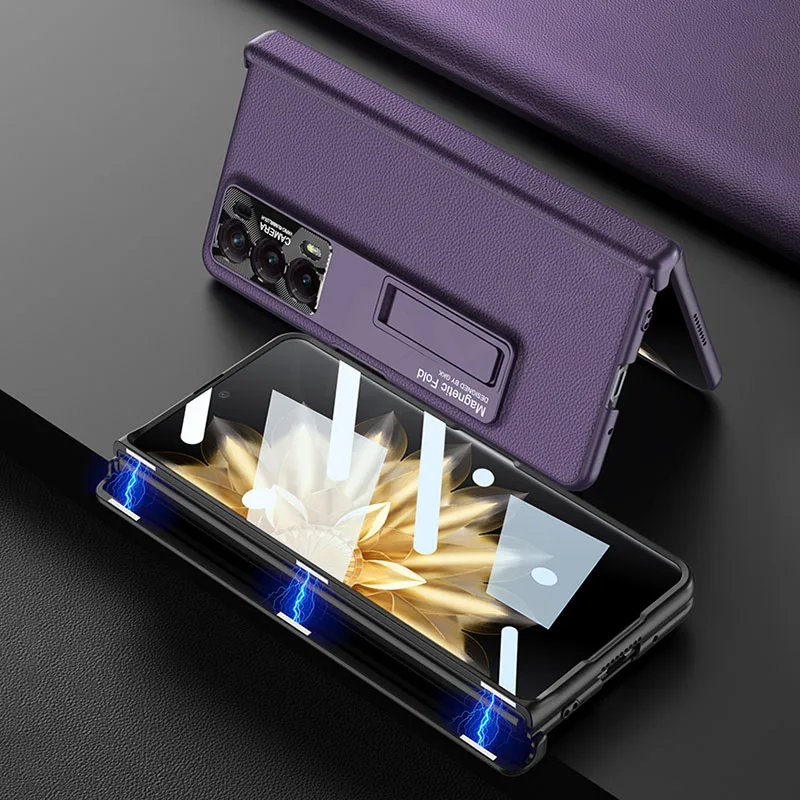 All-included Plain Leather Case For Honor Magic V2 Magnetic Hinge Case Shockproo