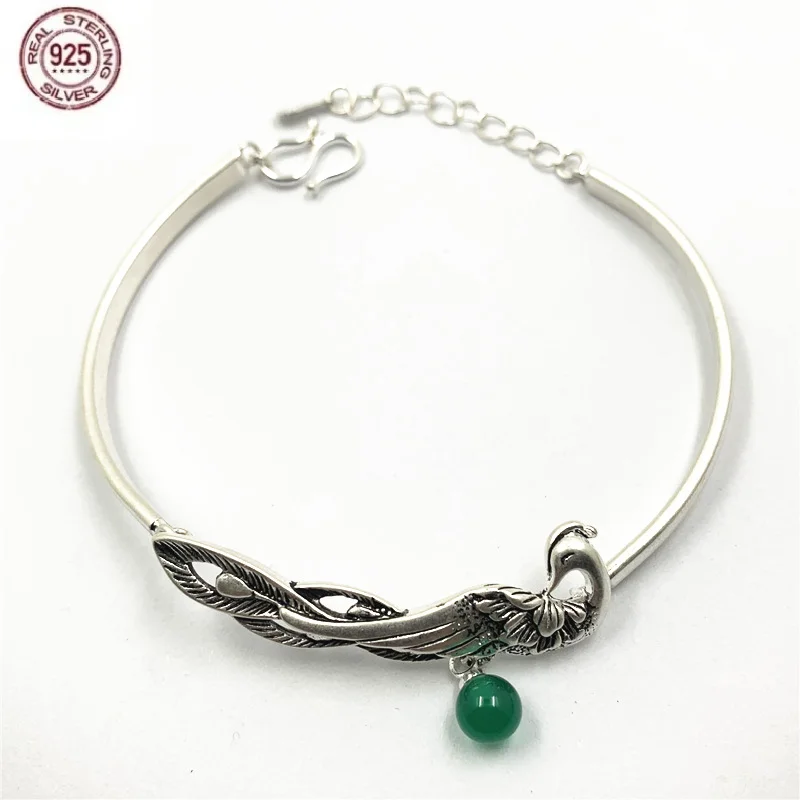 

Factory price 100% S925 pure silver ethnic style opening phoenix wearing peony green agate stone women's bracelet