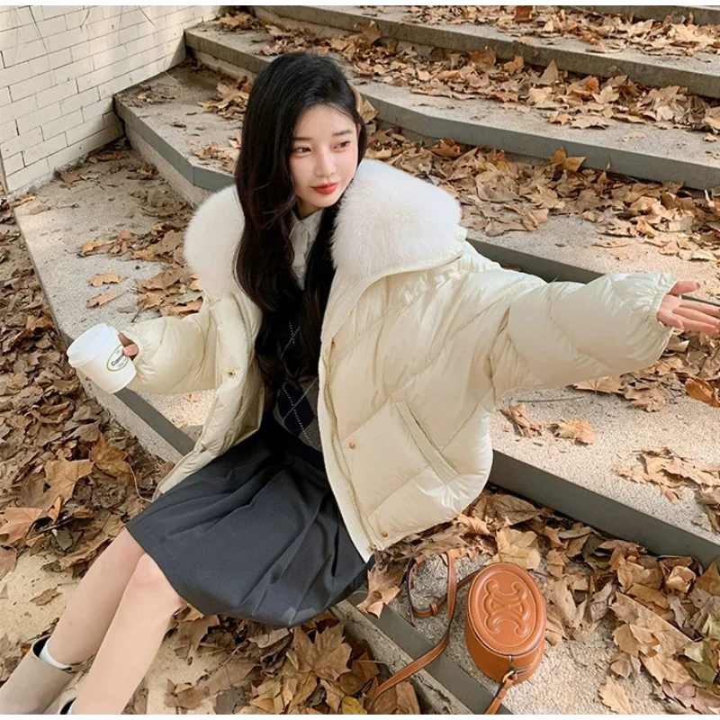 Short White Duck Down Jacket Women 2023 Fashion Fox Fur Collar Winter Coats Fresh Sweet Clothes Raglan Sleeves Thick Tops Coffee