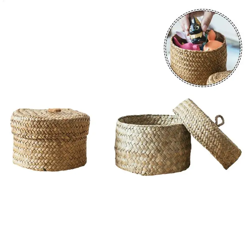 Weaving Snack Storage Box Jute Sundries Storage Baskets With Lids Wardrobe Table Round Gift Box Wicker Seagrass Flower Pot 5