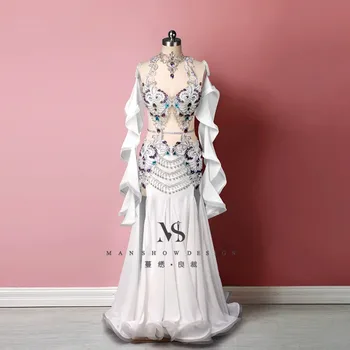 Customized Size Belly Dance Dress New Fairy White Dress Modern Fishtail Long Skirt Sexy Wedding Dress Bra Belt Skirt