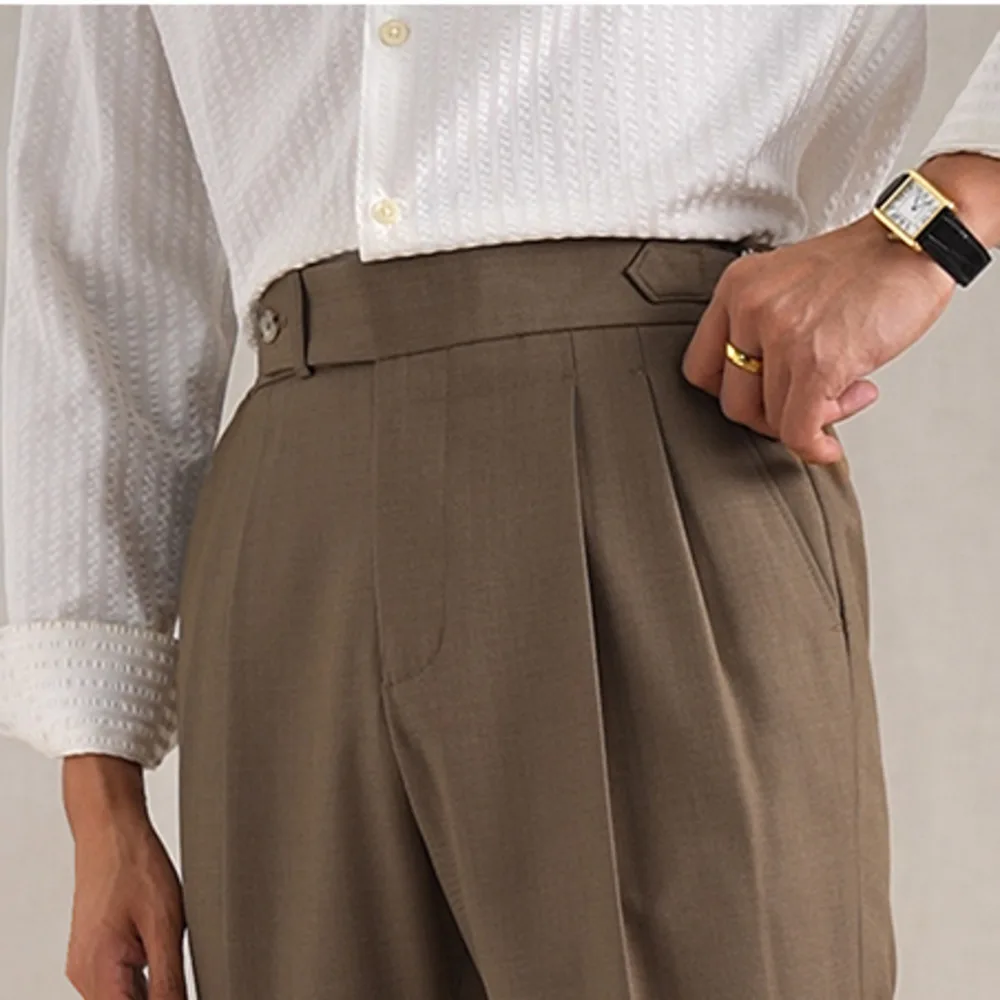 Italian High Waisted Straight Leg Naples Drape Business Casual Double Pleated Suit Pant Mens Formal Pant Pantalon Costume Homme 4