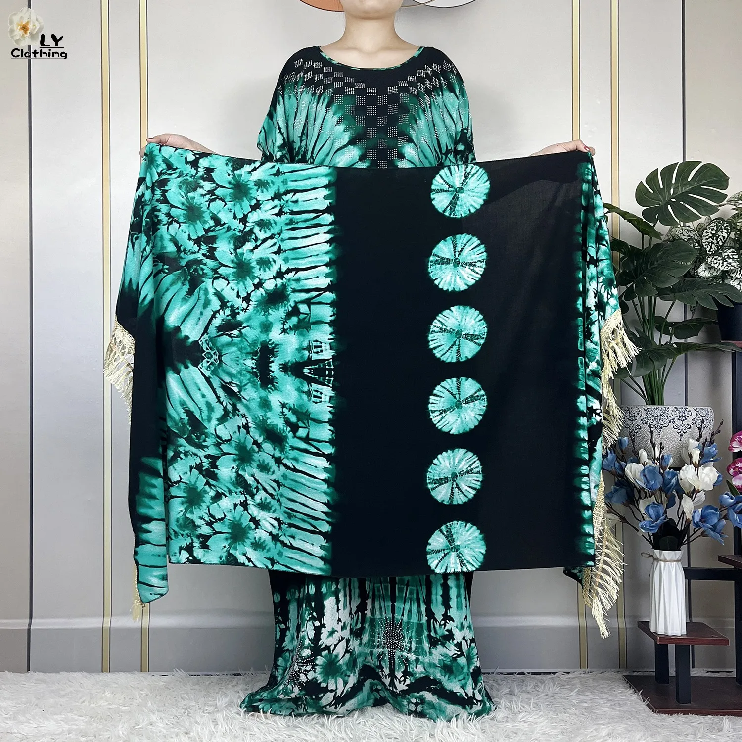 2023 New African Abaya Lady Short Sleeve Dress With Big Lace Scarf Cotton Printing Tie-dyed Maxi Islam Women Summer Loose Robe 2