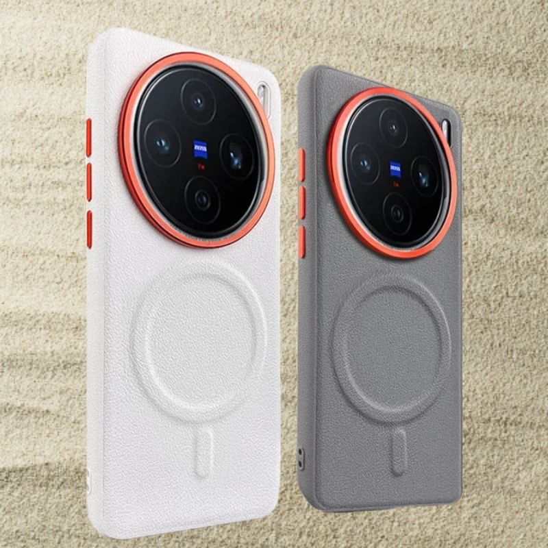 Sleek Magnetic Suction Leather Phone Case with Metal Lens Back Shell