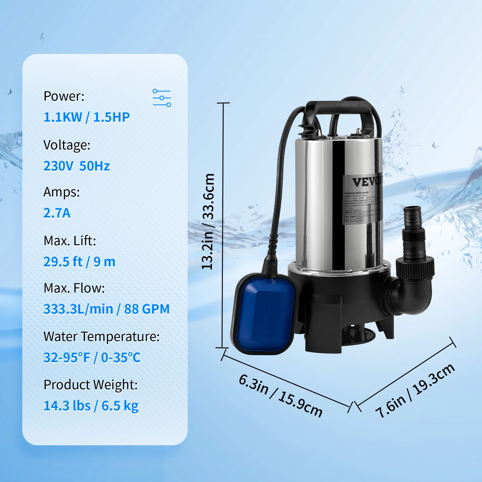 VEVOR Pompe de Relevage pour Eaux Chargées Pompe d'Évacuation Eaux