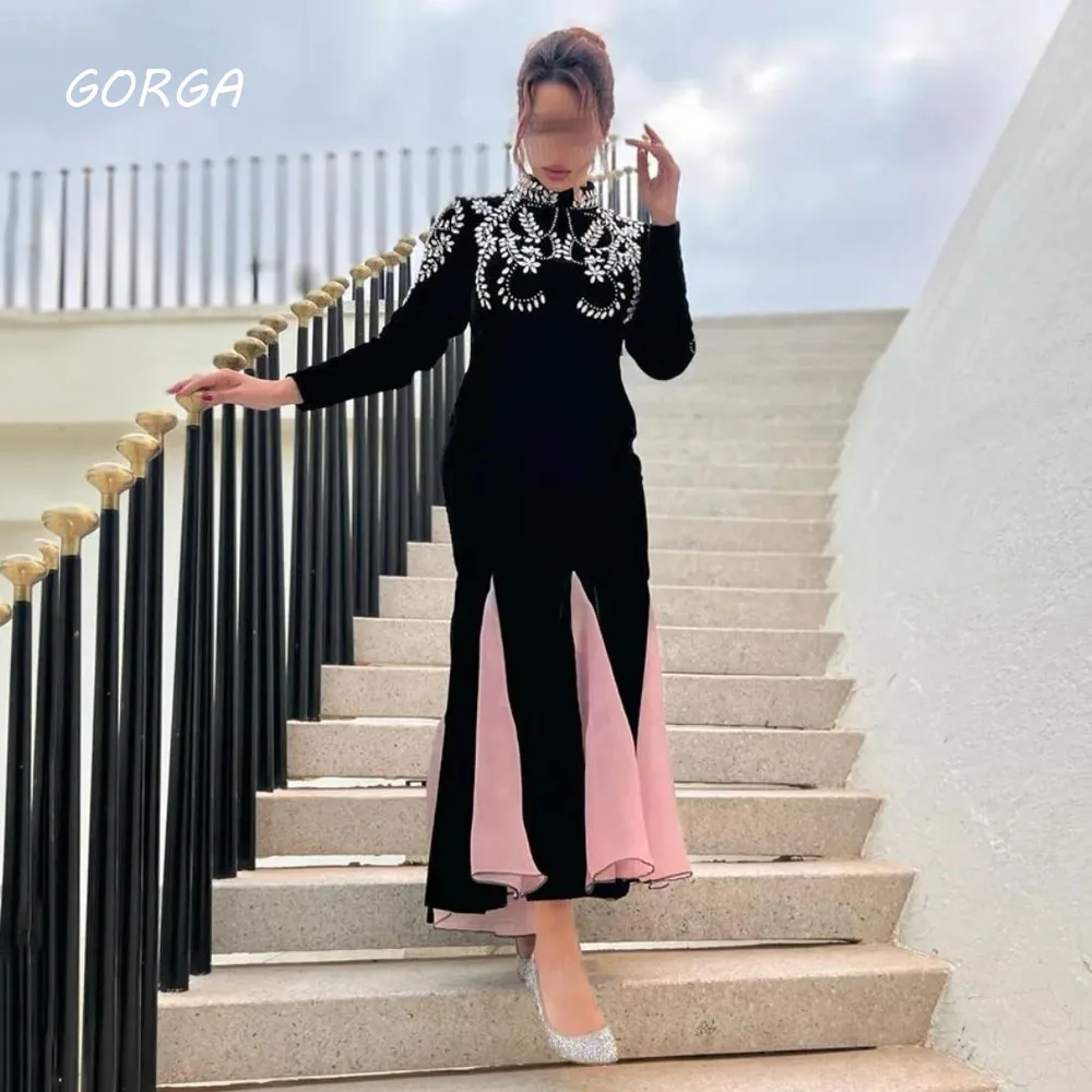 

GORGA High Neck Formal Evening Ankle-Length Beading Long Sleeve Crepe Occasion Dresses Simple Elegant Party Dresses