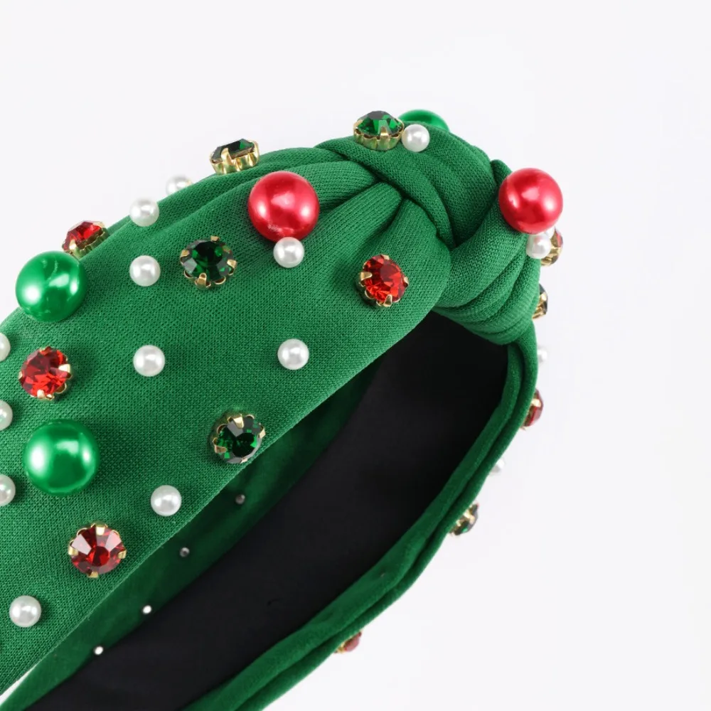 Wide Edge Christmas Hairband Fashion Headwear Rhinestone Knot Headband Red Green Hair Jewelry Crystal Beads Hair Band Holiday