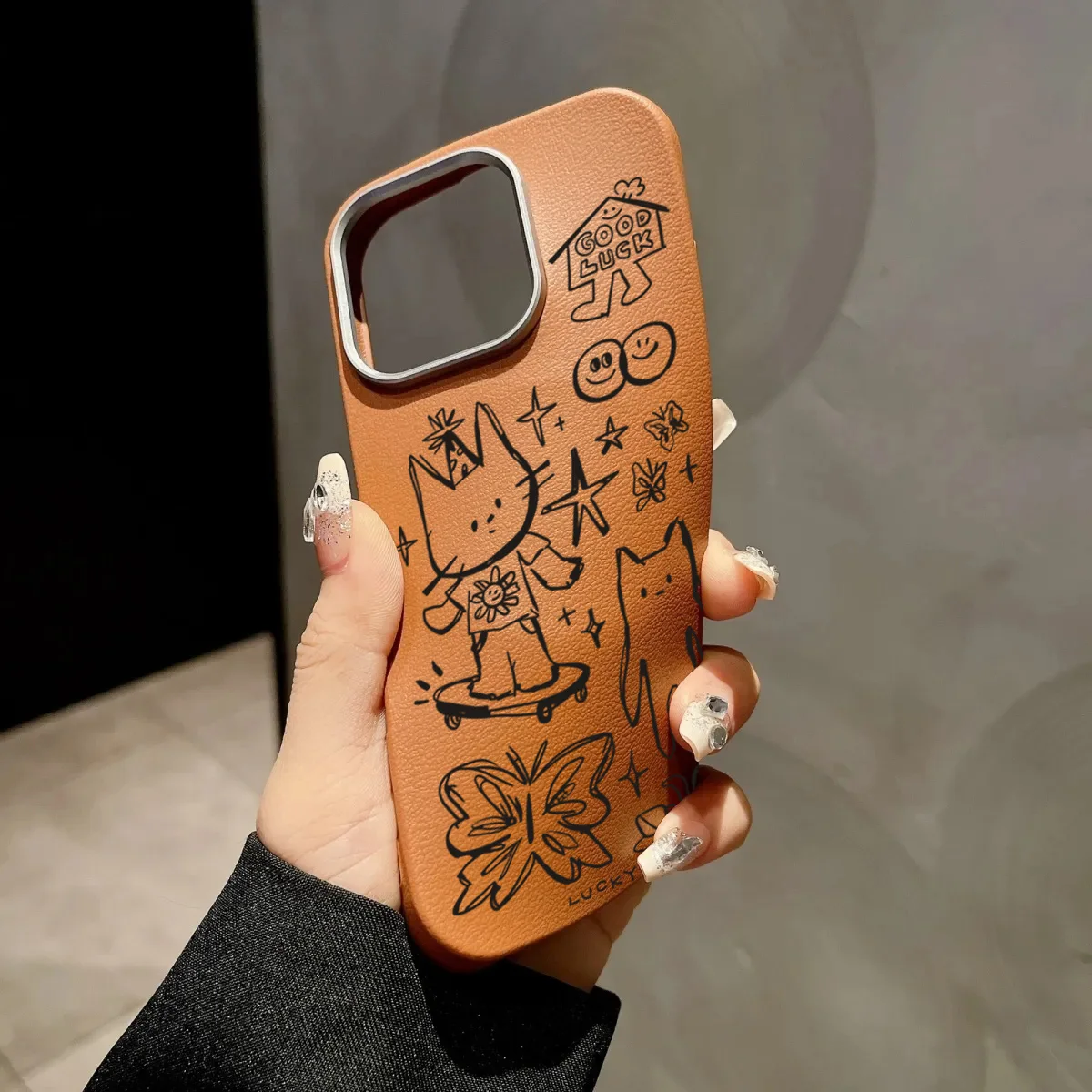 Cartoon Cat Lichee Leather Shockproof Phone Case with TPU Cover