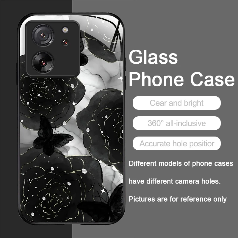 Luxury Black Rose Flower Tempered Glass Phone Case - Elegant Hard Cover