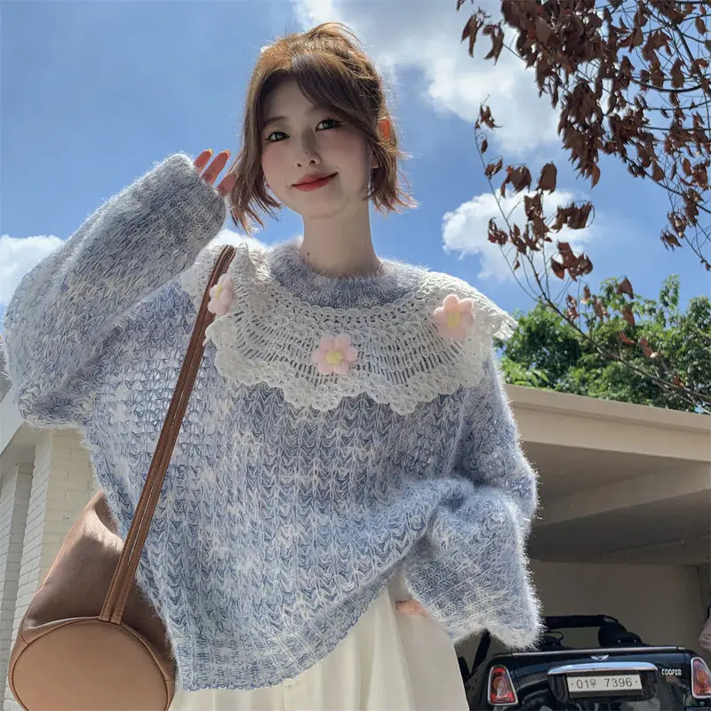 

Korea Sweater Women Sweet Patchwork Knitted Top Korean Fashion Kawaii Knitwear Sweaters Girly Y2k Clothes