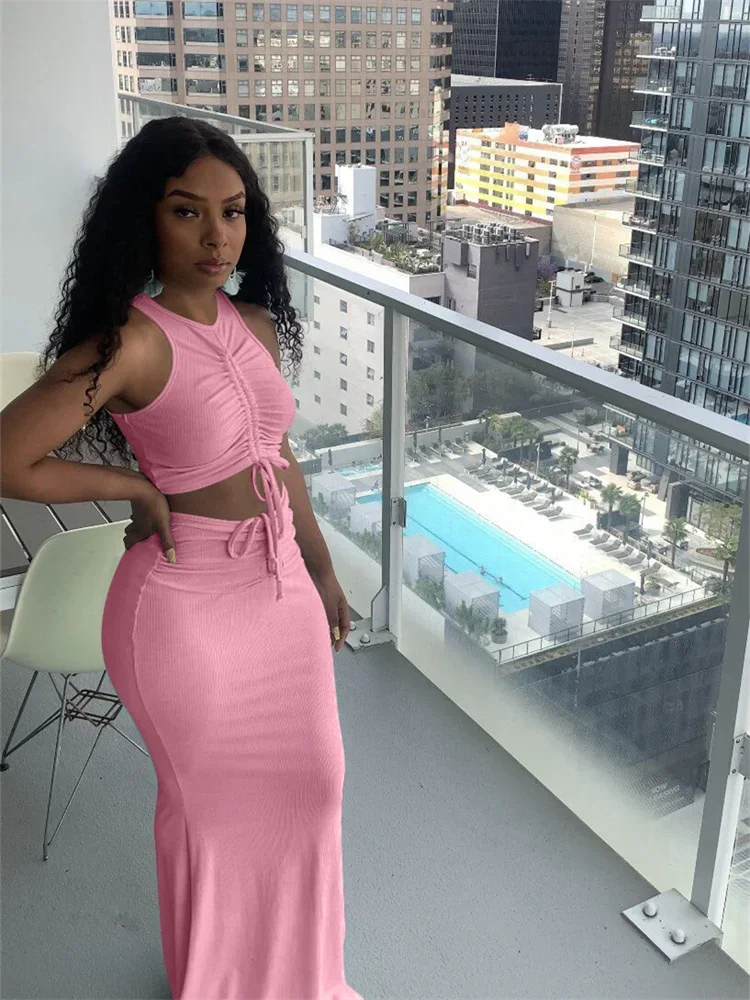 Wmstar Women Two Piece Set Summer New Streetwear Pleated Sleeveless Solid Color Crop Top High Waist Skirt Set Night Club Outfits