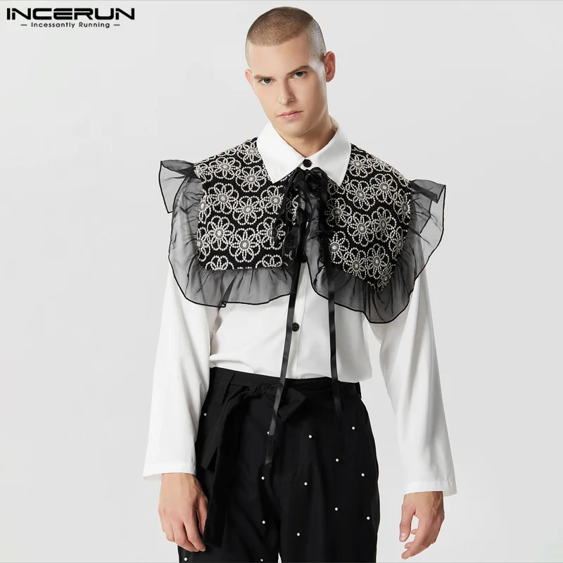 INCERUN Tops 2023 American Style Stylish New Men Lace Jacquard Patchwork Solid Shirts Sexy Male Long Sleeved Lapel Blouse S-5XL