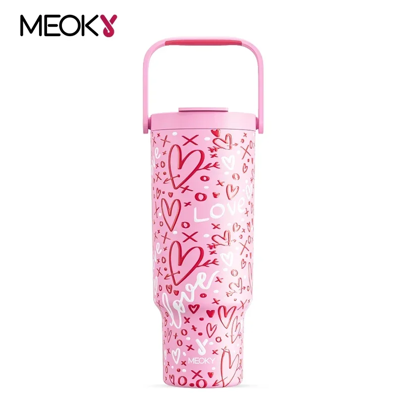 

Стакан Meoky 40 унций с ручкой, кружка розового цвета с соломенными крышками, для кофе, автомобильные кружки, Вакуумная чашка