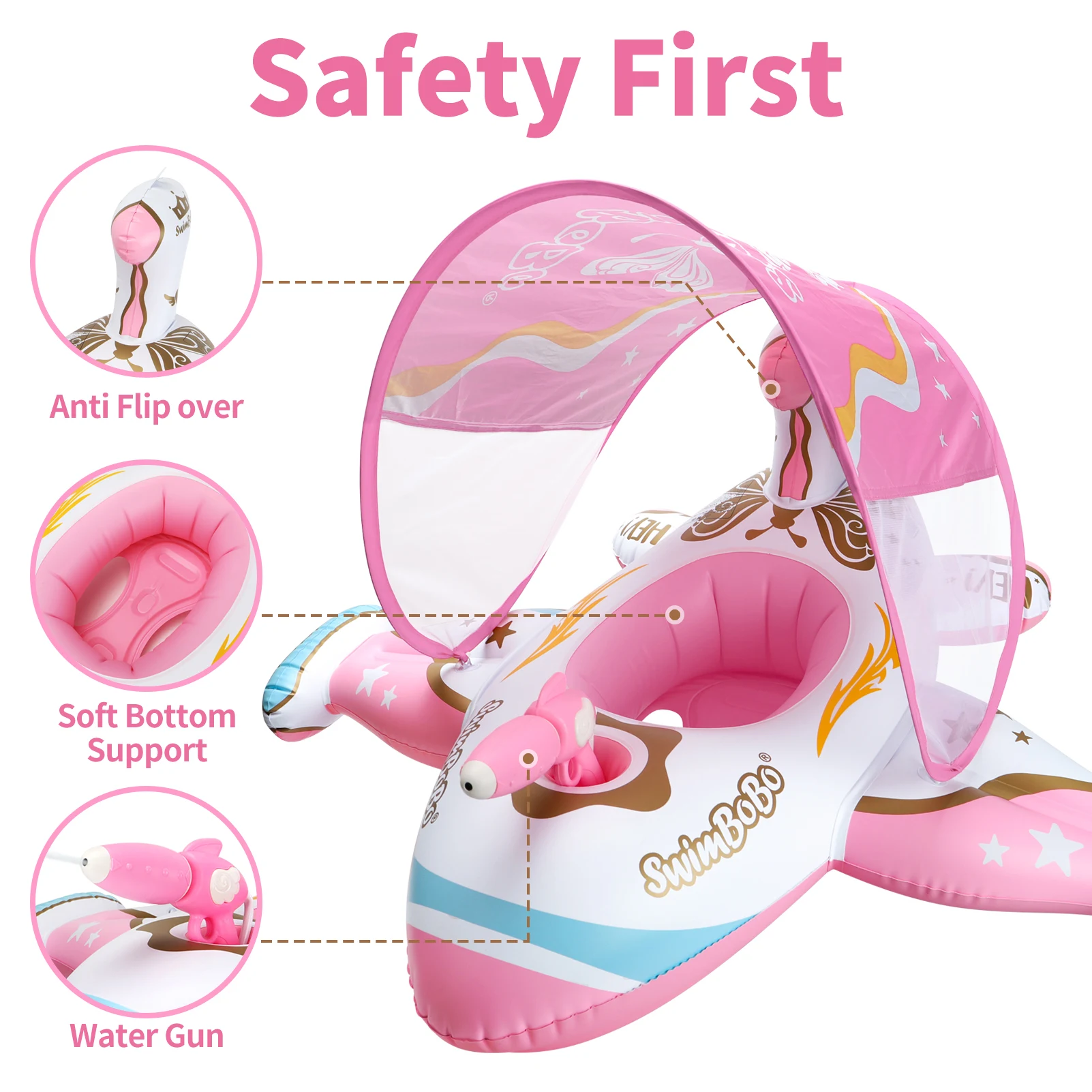Swimbobo Pink Outdoor Summer Water Gun Play Plane Inflatable Kids Seat Float Baby Swim Ring for Children With Canopy 5