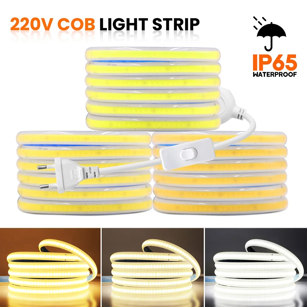 

220V COB LED Strip Light IP65 Waterproof Flexible Tape with Switch Power 288 LEDs High Density Linear Lighting 5m 10m 50m 100m