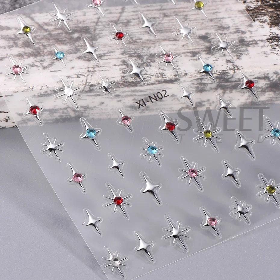 5D Embossed Metal Silver Stars Nail Stickers Mixed Color Resin Rhinestone Chain Pearl y2k Style Engraved Holographic Decoration