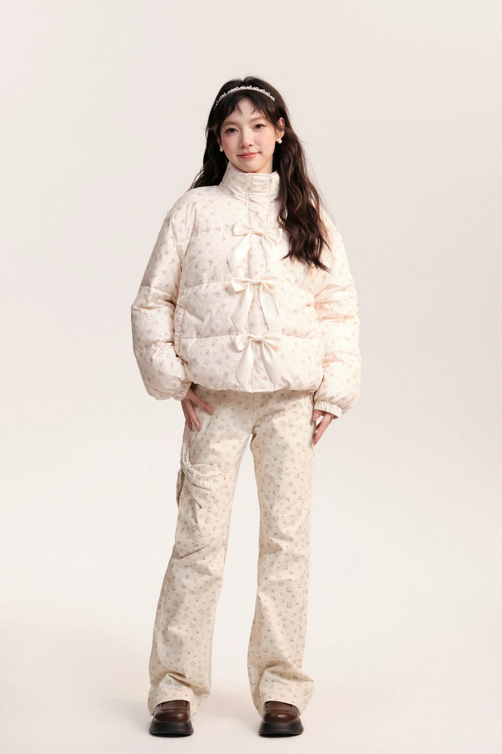 Sweet Cute Korean Women's Long Sleeve Stand-up Collar Down Jacket Elegant Fashion All-Match Bow Floral Warm Thick Down Jackets