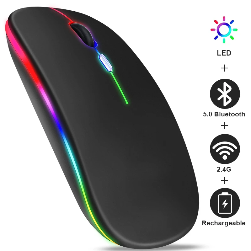 Rato Recarregável sem Fio Bluetooth 2.4ghz Usb Rgb 1600dpi Computador Laptop Tablet pc Macbook Gamer