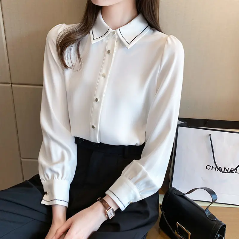 White Chiffon Shirt Women's Long Sleeve Youth Button Patchwork Office Blouse Spring Autumn New Solid Fashion Korean Clothing