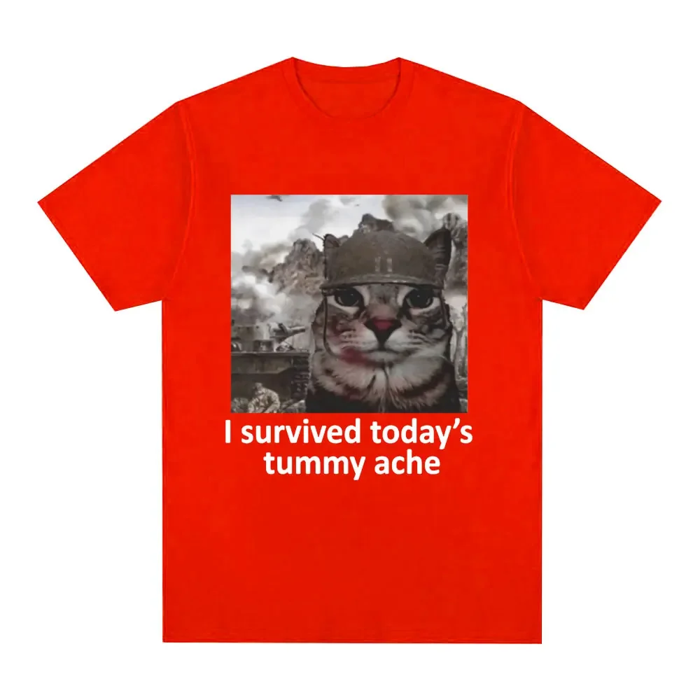 thumbnail image 1 of Sobreviví al dolor de estómago de hoy, camiseta divertida con meme de gato, camiseta de manga corta para hombres y mujeres, camisetas casuales de algodón de gran tamaño, ropa de calle, 1 of 5