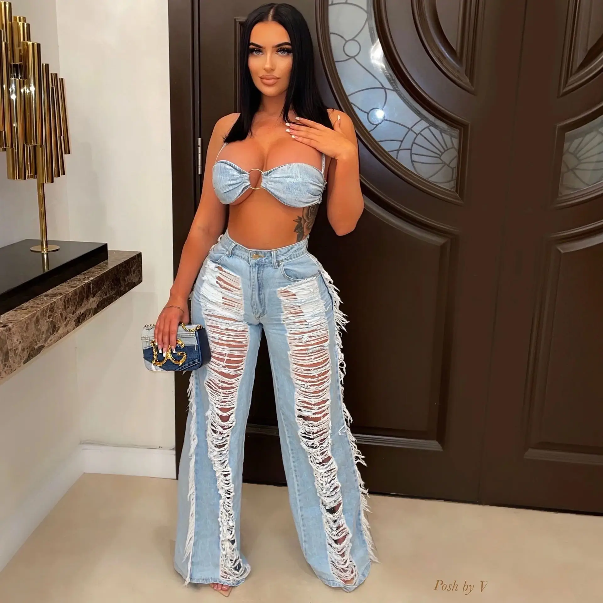

Denim Sexy Two Piece Sets Women Outfits Y2K Streetwear 2023 Ladies Summer Denim Jeans Ripped Pant Bikini Top 2 Piece Set Outfits