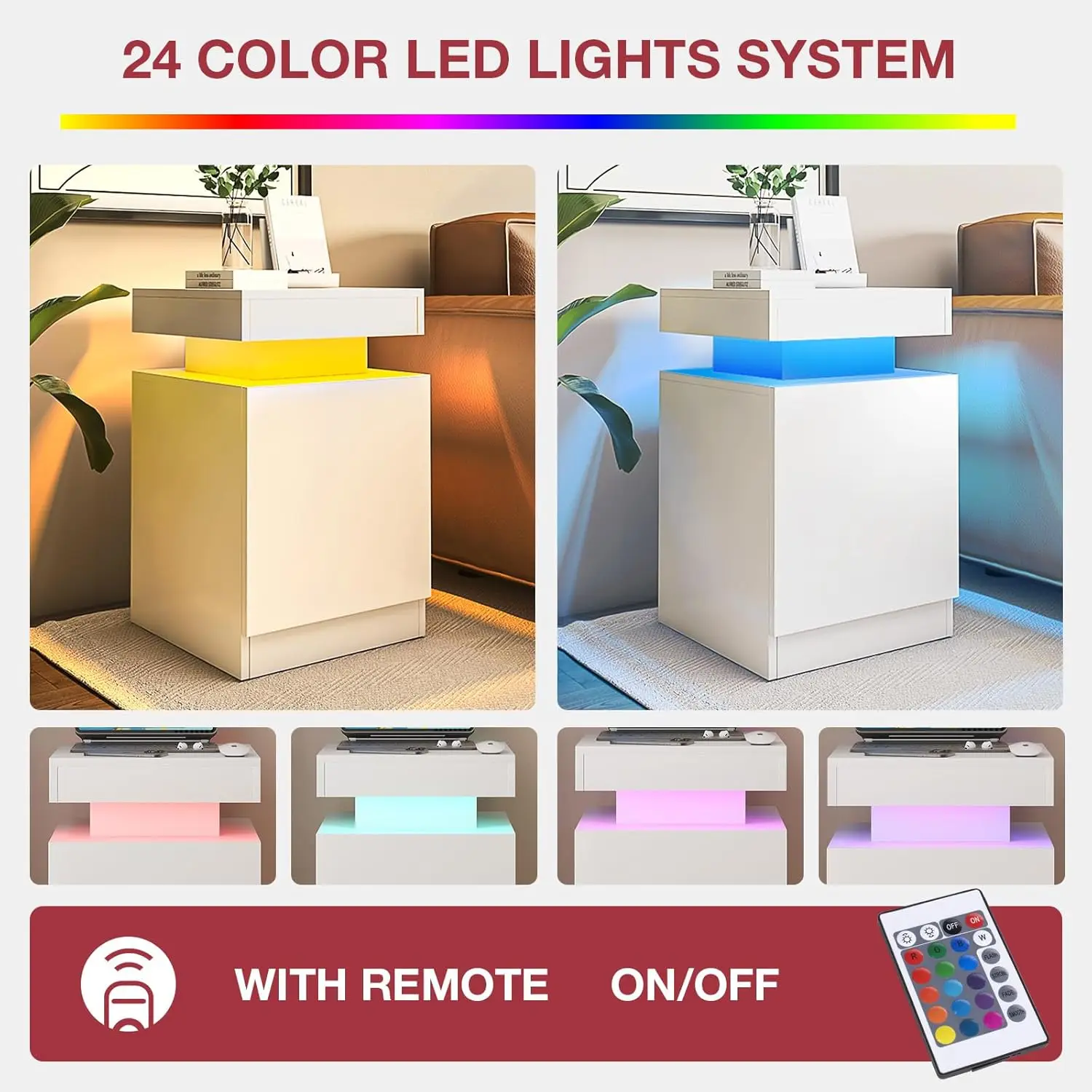 Nightstand Set of 2 with LED Lights, Night Stand with Storage Cabinet for Bedroom, Bedside Table with LED, White