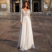 Deep-V Neck Women Wedding Dresses Lace Long Sleeves A-Line Bridal Gowns Customized Engagement Ball Vestidos De Novias Customized 1