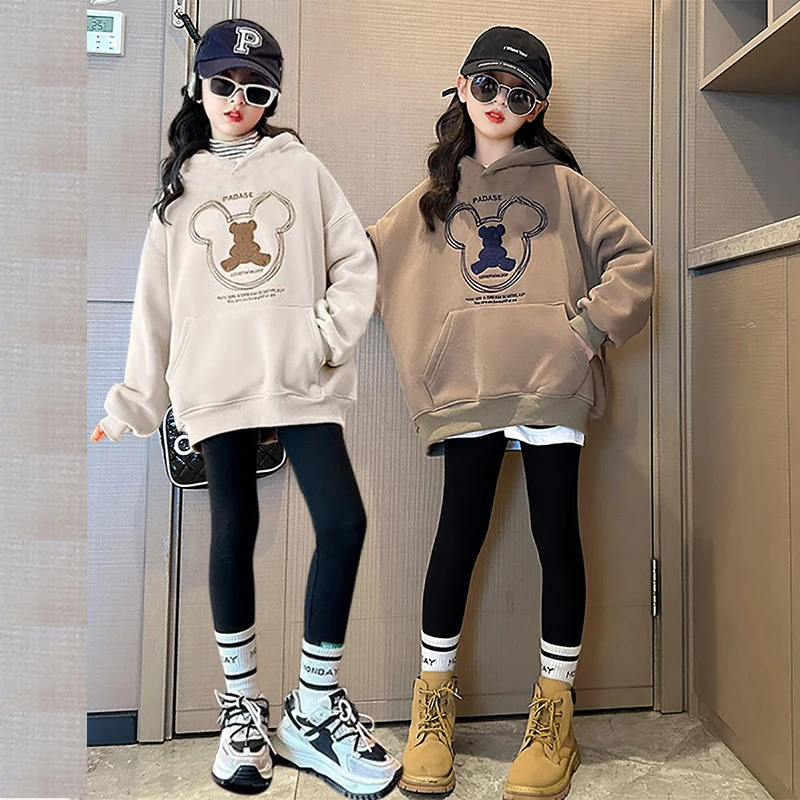 

Спортивный костюм для девочек, топ с капюшоном и штаны с вышивкой и мультяшным медведем, комплект из 2 предметов, детский спортивный костюм с длинным рукавом, весенняя одежда